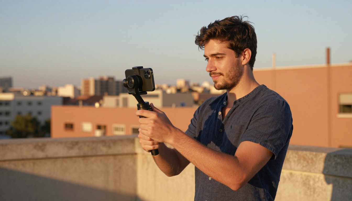 Young man filming on urban rooftop at golden hour with smartphone gimbal Young man filming on urban rooftop at golden hour with smartphone gimbal