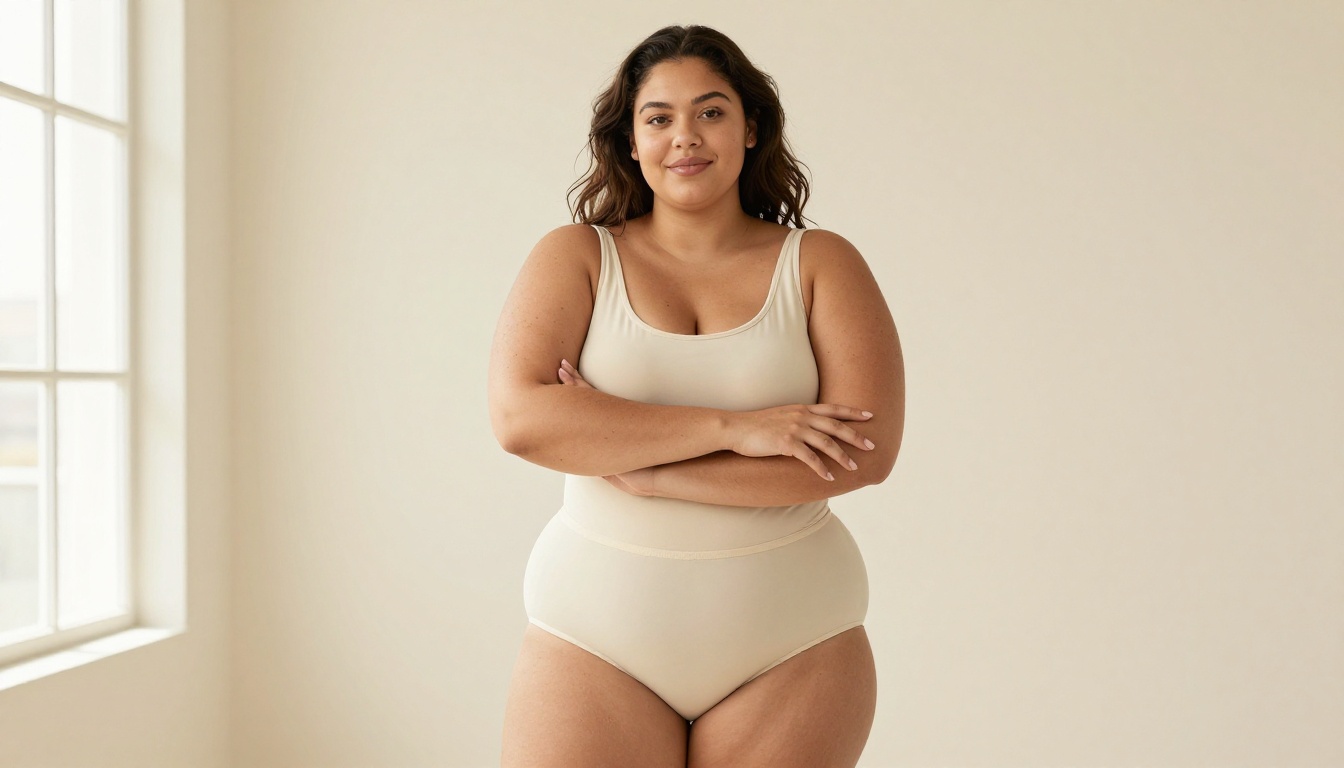 Confident body-positive woman in cream bodysuit, studio natural window light, direct gaze Confident body-positive woman in cream bodysuit, studio natural window light, direct gaze