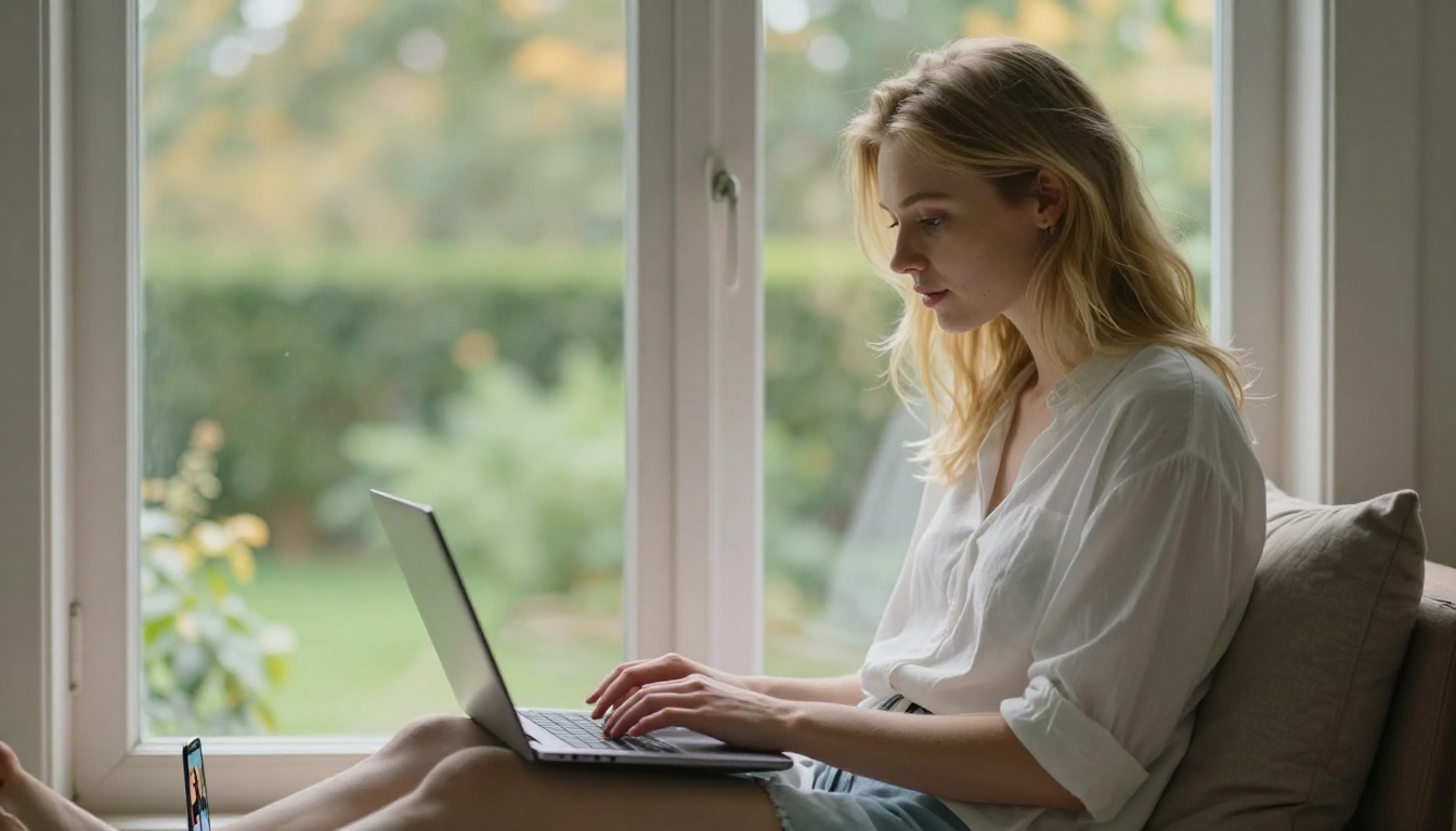 Young woman working on laptop with vertical video on phone beside her Young woman working on laptop with vertical video on phone beside her