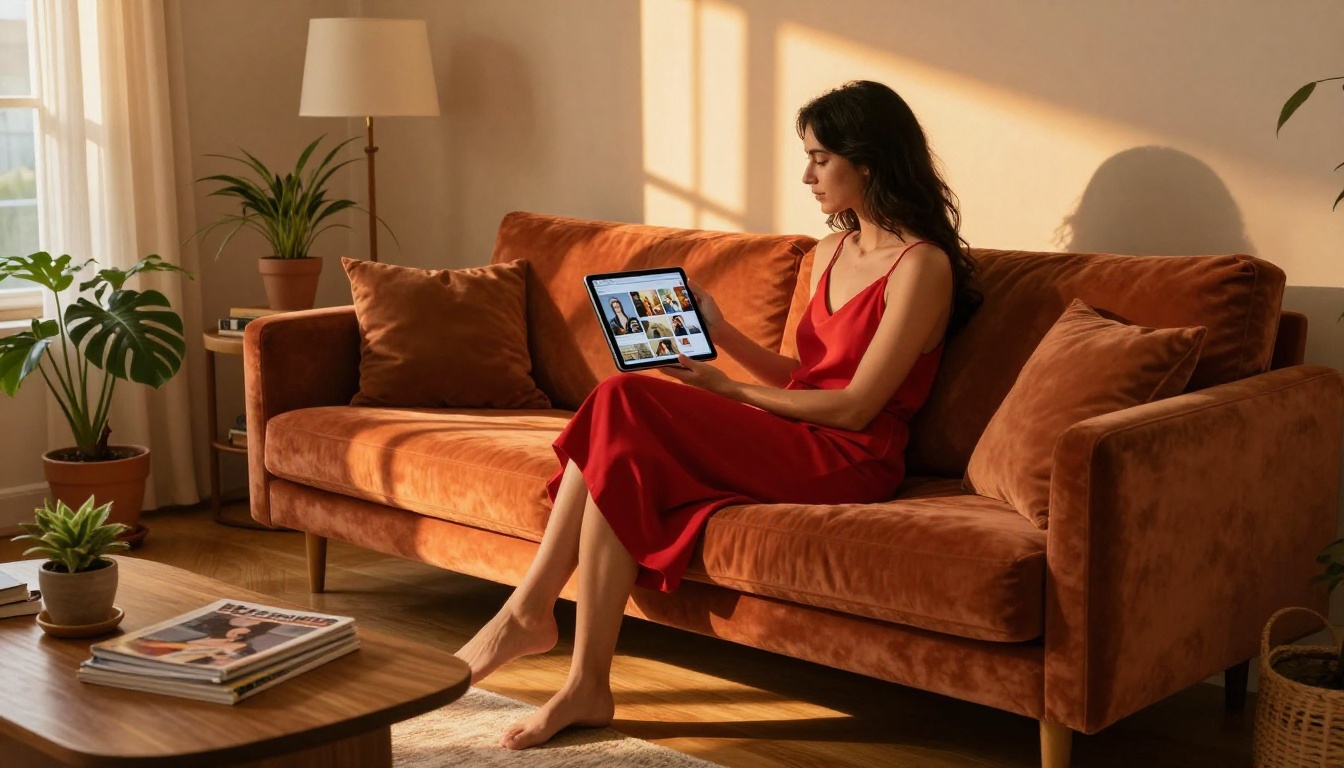 Woman on velvet sofa with tablet showing PicassoIA interface, warm lifestyle setting Woman on velvet sofa with tablet showing PicassoIA interface, warm lifestyle setting