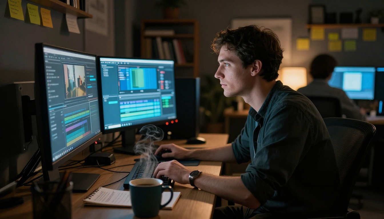 Video editor at workstation in the evening with screen illumination on face Video editor at workstation in the evening with screen illumination on face