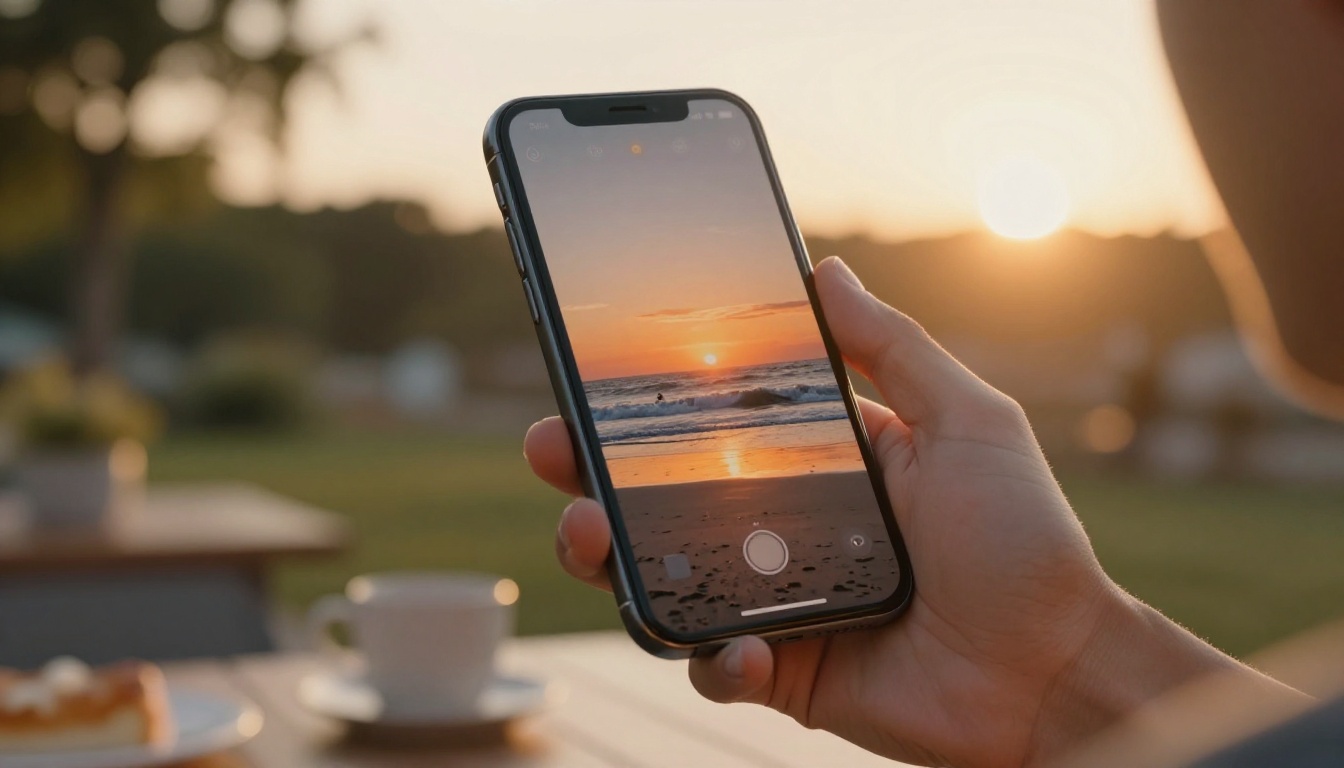 Person holding smartphone displaying AI-generated beach video at golden hour Person holding smartphone displaying AI-generated beach video at golden hour