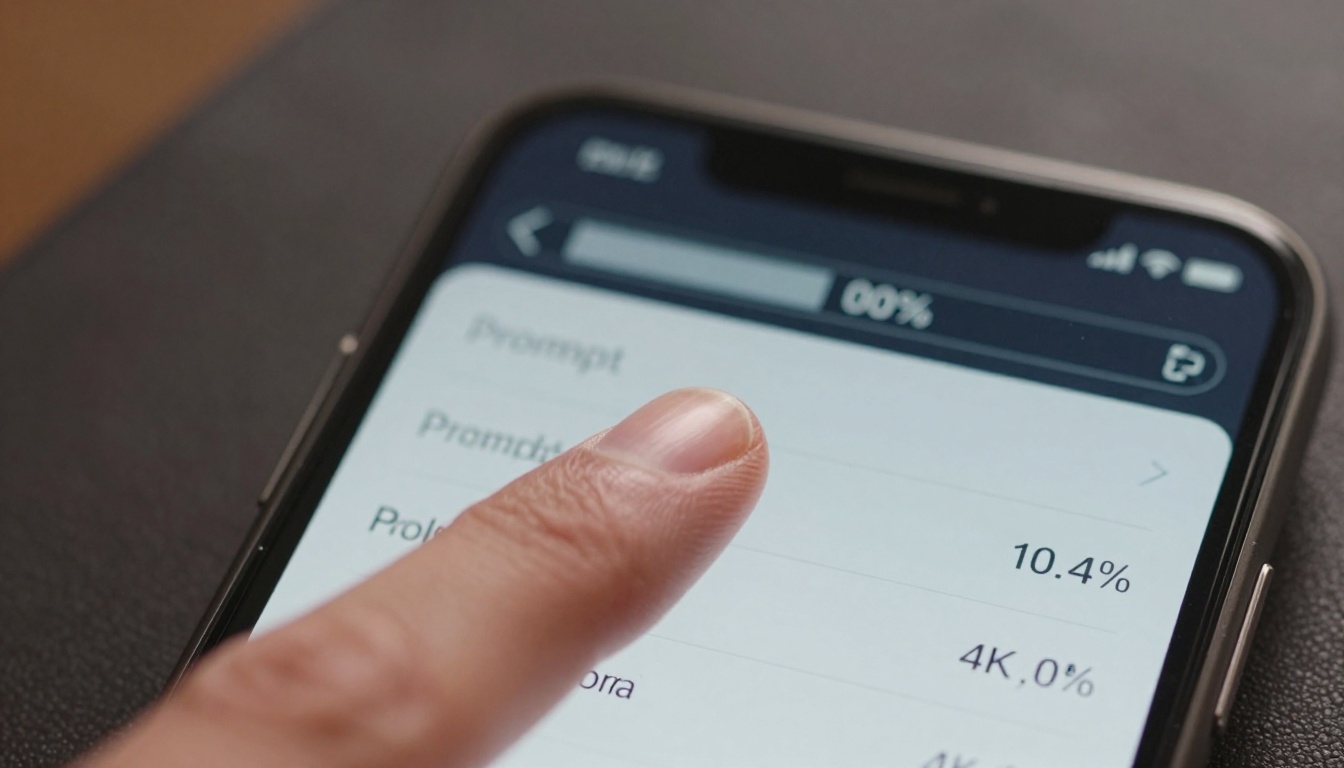 Fingertip hovering above touchscreen showing AI video generation progress at 4K settings Fingertip hovering above touchscreen showing AI video generation progress at 4K settings
