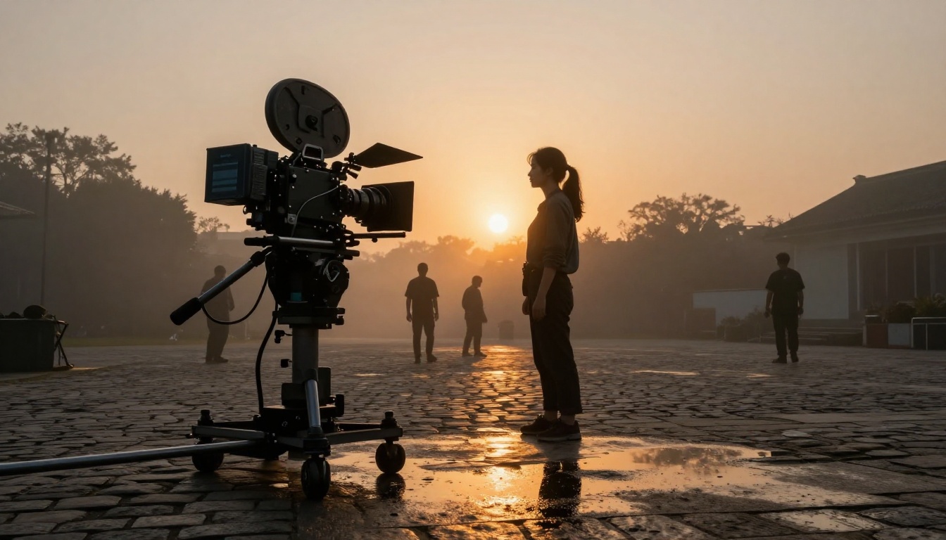 Film production camera on slider rig at dawn on stone courtyard set Film production camera on slider rig at dawn on stone courtyard set