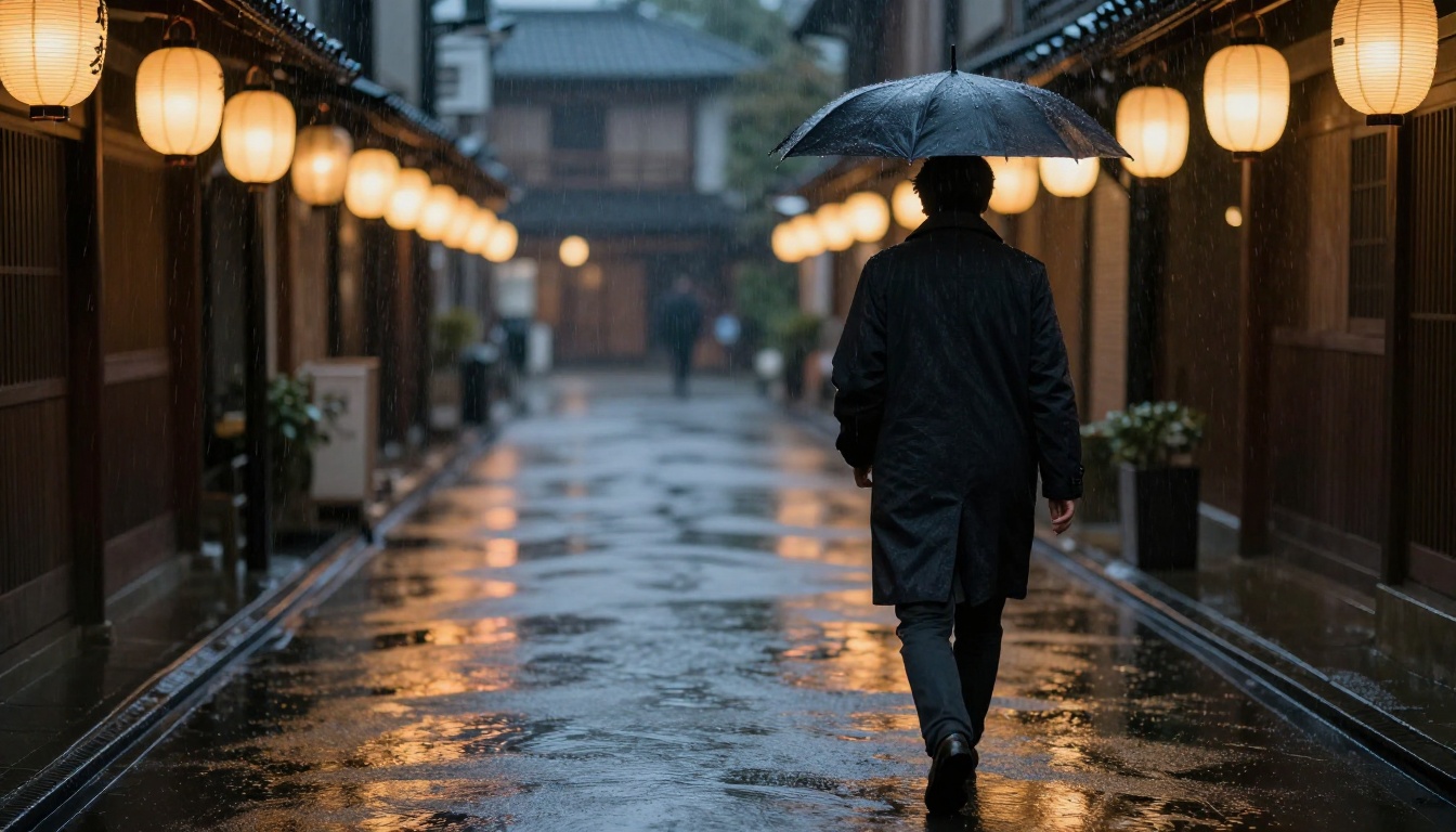 Cinematic night scene of a lone figure walking a rain-wet Japanese alley under amber paper lanterns Cinematic night scene of a lone figure walking a rain-wet Japanese alley under amber paper lanterns