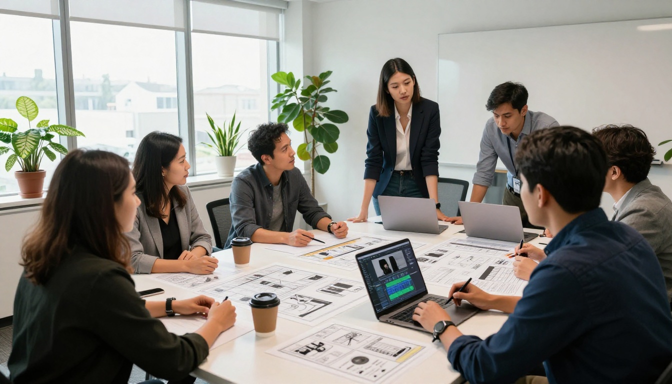 Creative team of four collaborating around a conference table with video storyboards and editing software Creative team of four collaborating around a conference table with video storyboards and editing software