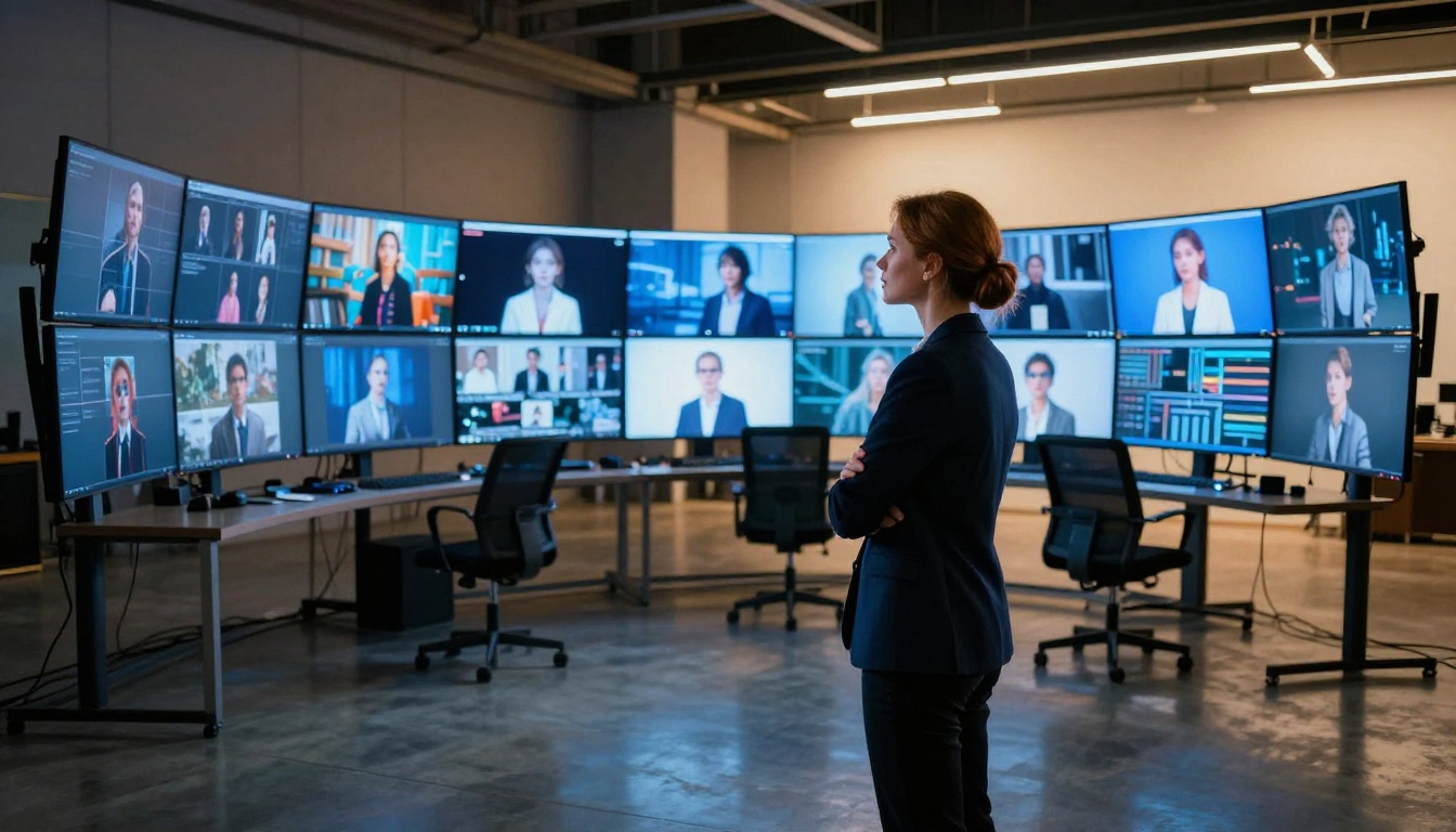 Creative director studying AI-generated images on multiple screens