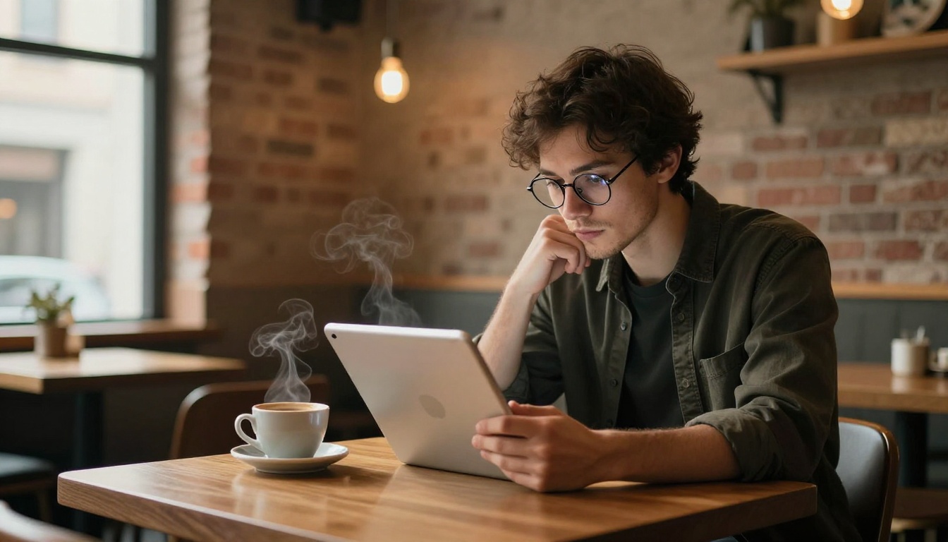 Man studying AI-generated images on tablet in coffee shop