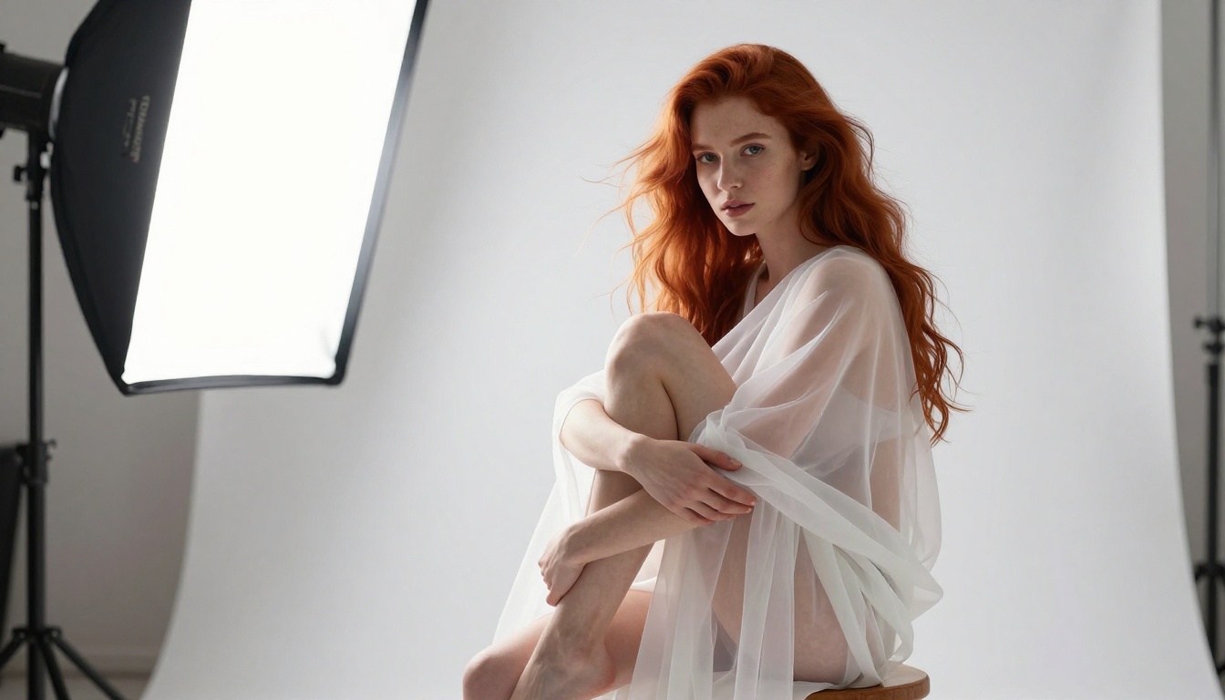 Fine art studio portrait of woman with copper hair in sheer white fabric