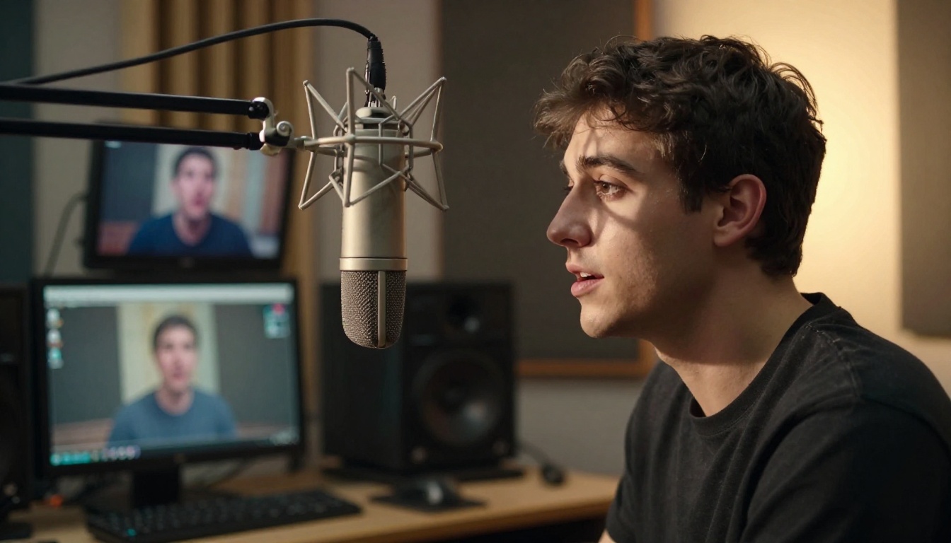 Man speaking in a recording studio with lipsync video monitors behind him
