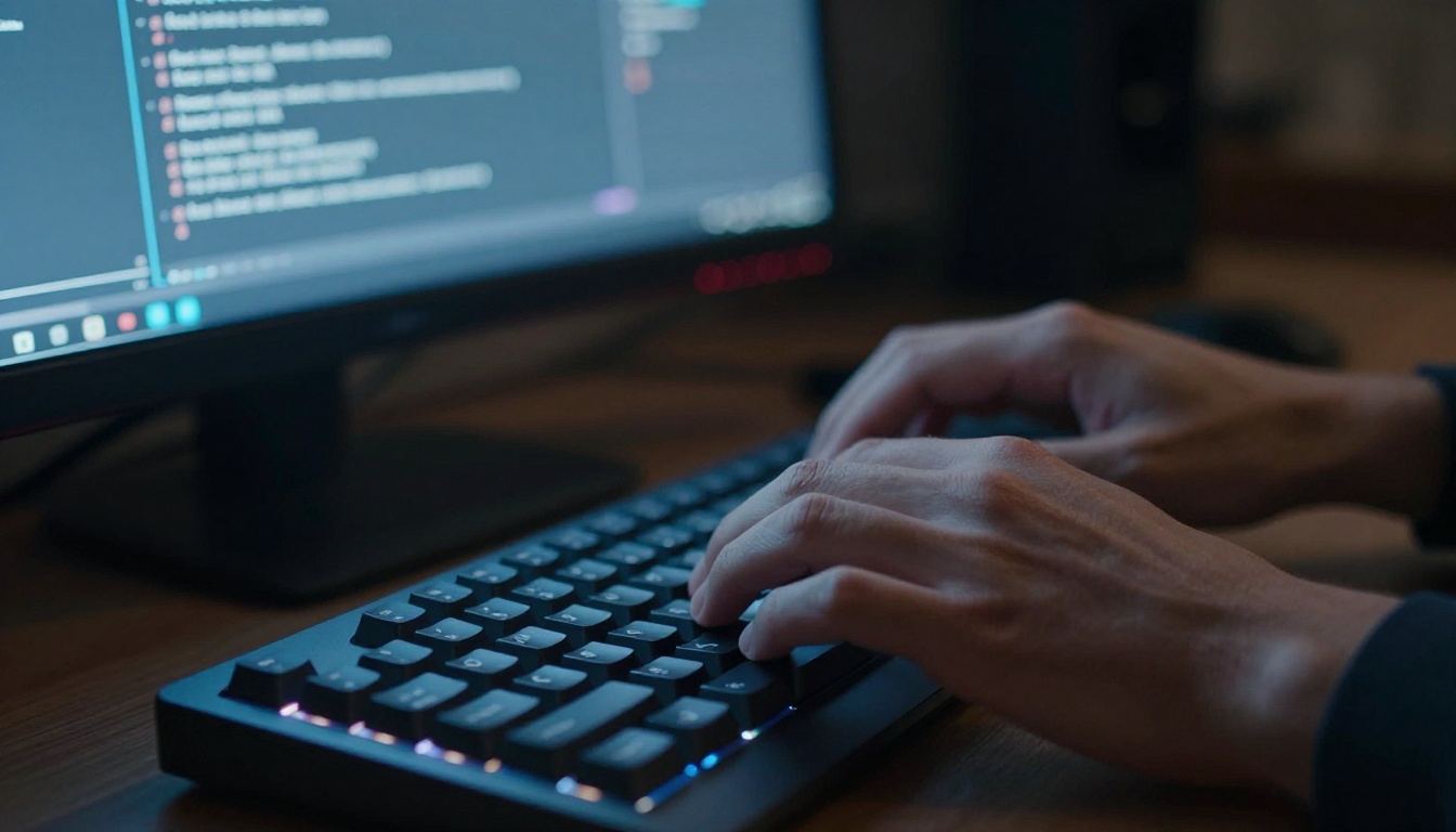 Hands typing an AI video prompt on a mechanical keyboard