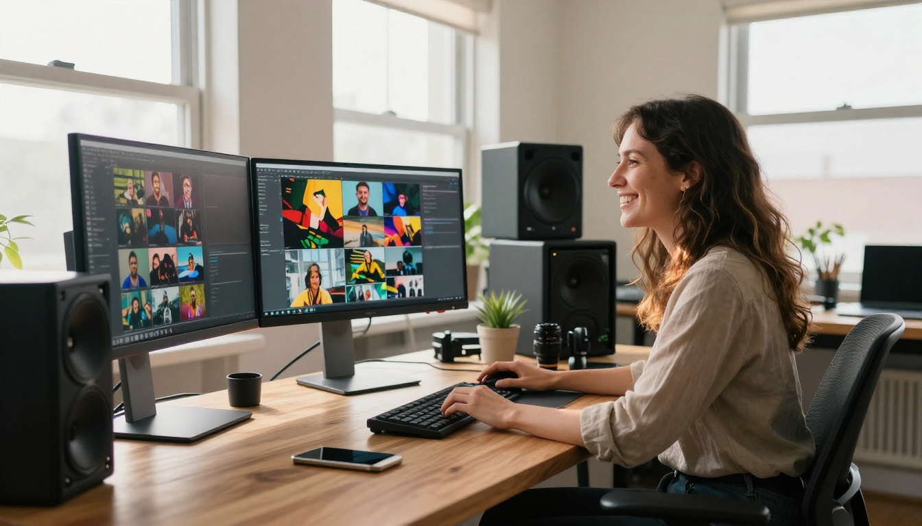 Creative professional generating AI content at a modern home studio workspace