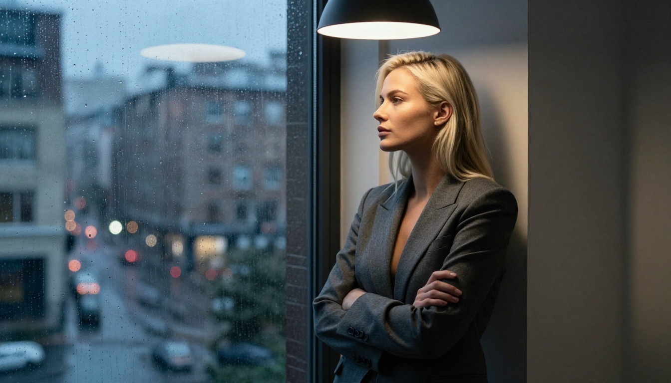 City window rainy night blazer platinum blonde
