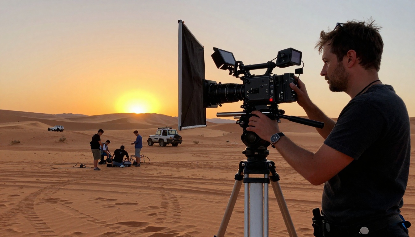 Film crew working in the desert at magic hour with a cinema camera on a tripod Film crew working in the desert at magic hour with a cinema camera on a tripod
