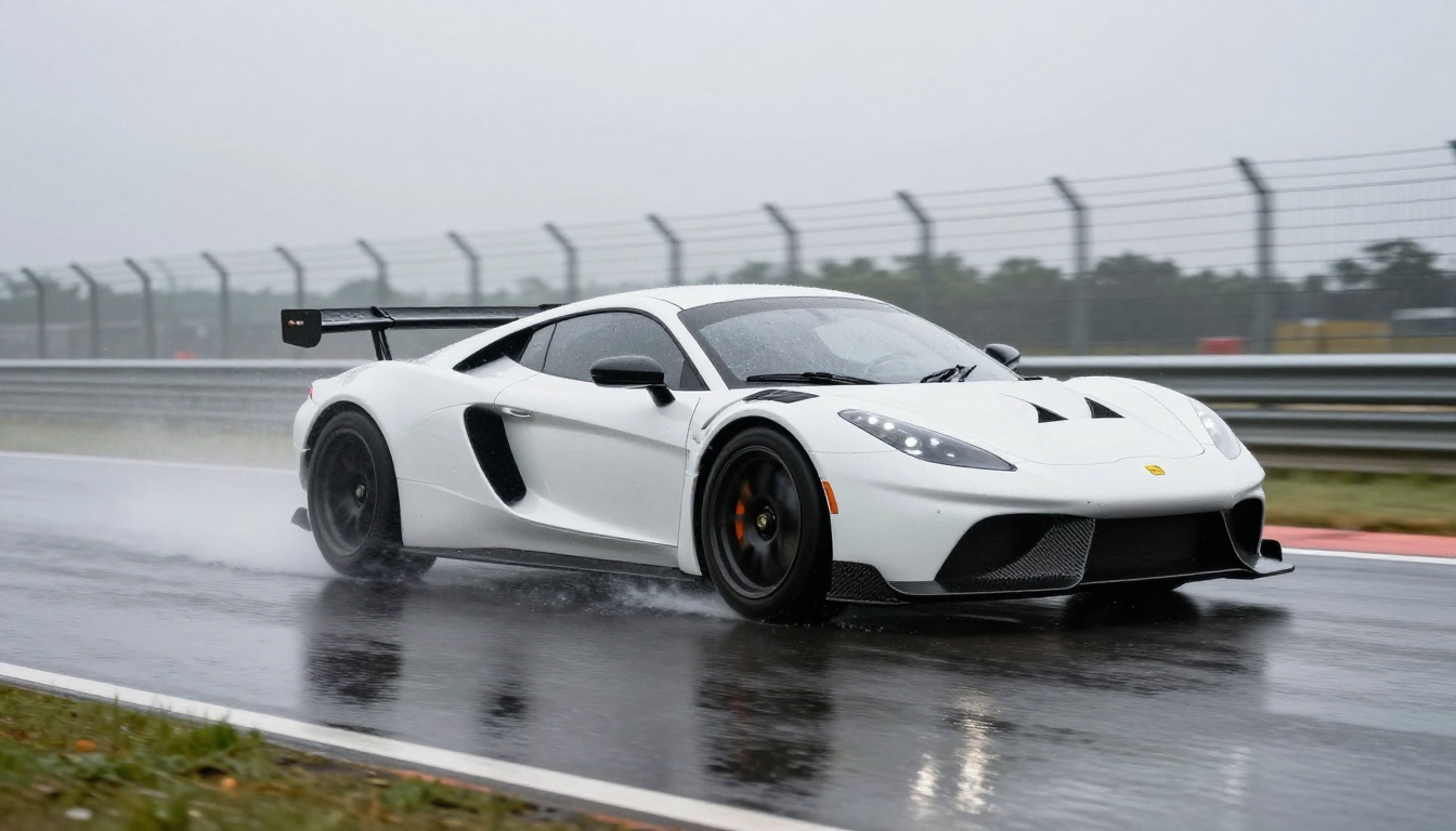 Racing car at speed on a wet racetrack with horizontal motion blur in the background Racing car at speed on a wet racetrack with horizontal motion blur in the background