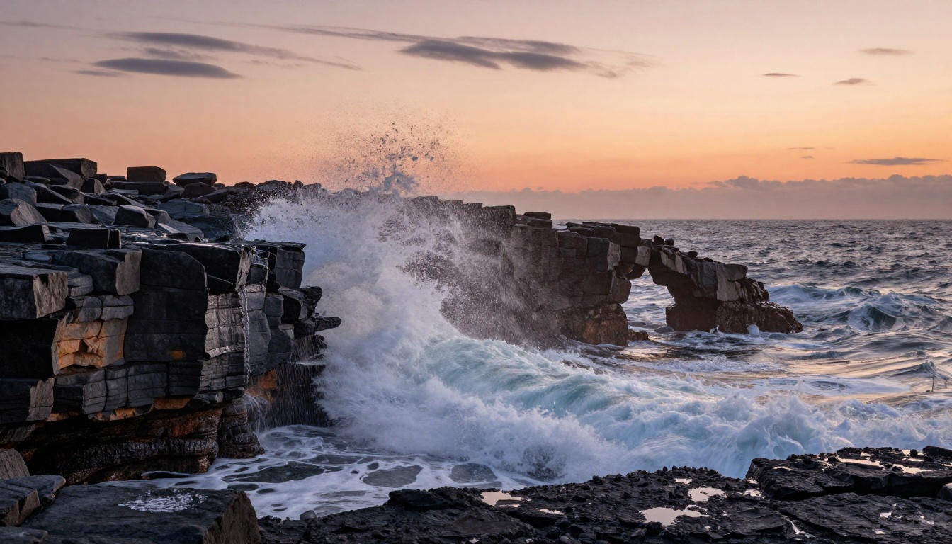 Dramatic Atlantic coastal cliffs at sunset with a large breaking wave against black basalt rocks Dramatic Atlantic coastal cliffs at sunset with a large breaking wave against black basalt rocks