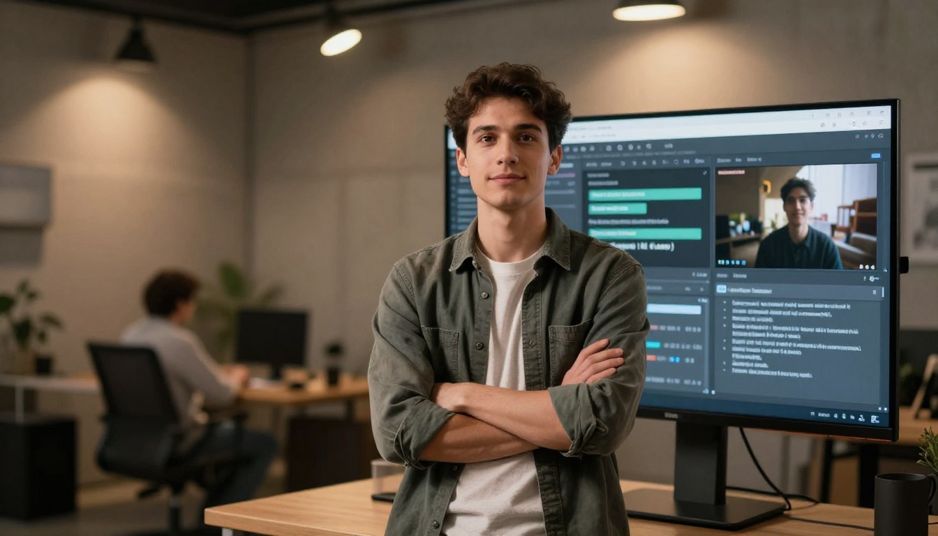 Low-angle shot of confident content creator at AI video generation interface