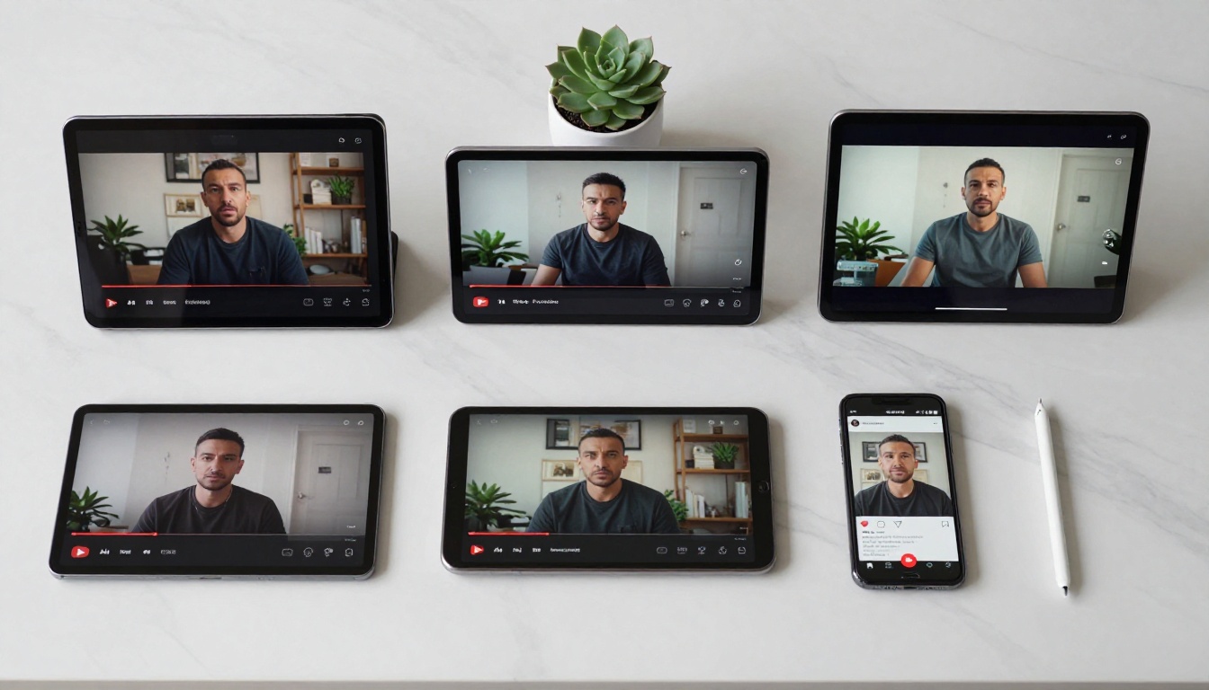 Multiple devices side by side comparing YouTube Shorts on clean marble desk surface