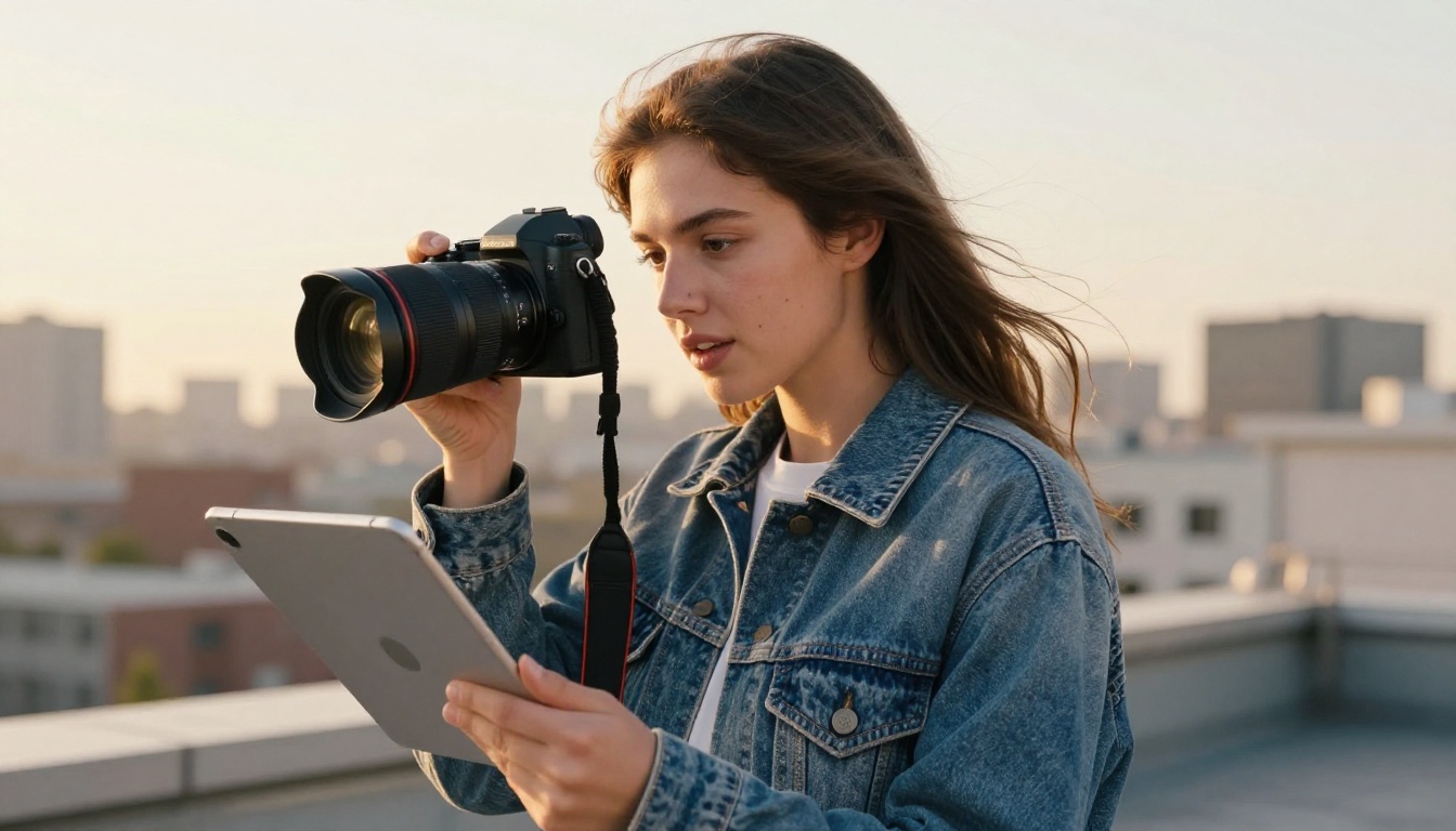 Young content creator outdoors on rooftop with camera and tablet in golden hour light