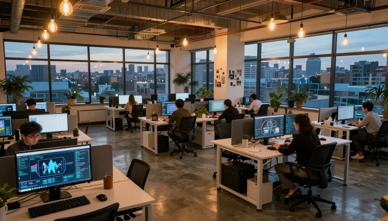 Modern tech workspace with AI art displayed on multiple screens Modern tech workspace with AI art displayed on multiple screens