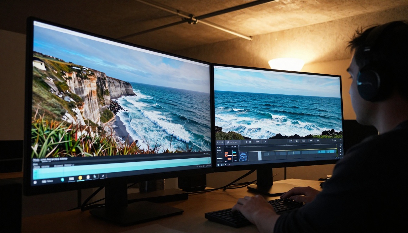 Large curved monitor showing ocean cliff photograph being animated with wave motion Large curved monitor showing ocean cliff photograph being animated with wave motion