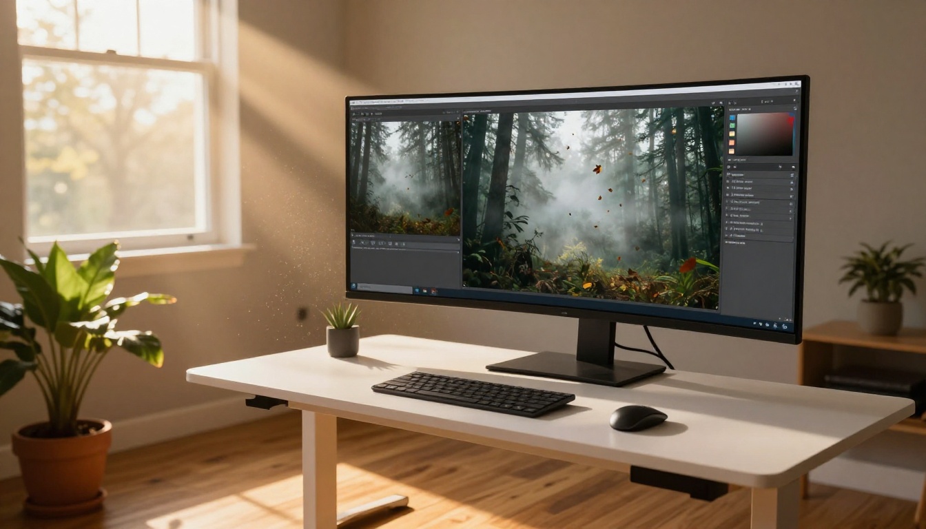 Home studio setup with golden hour sunlight and split-screen misty forest animation Home studio setup with golden hour sunlight and split-screen misty forest animation