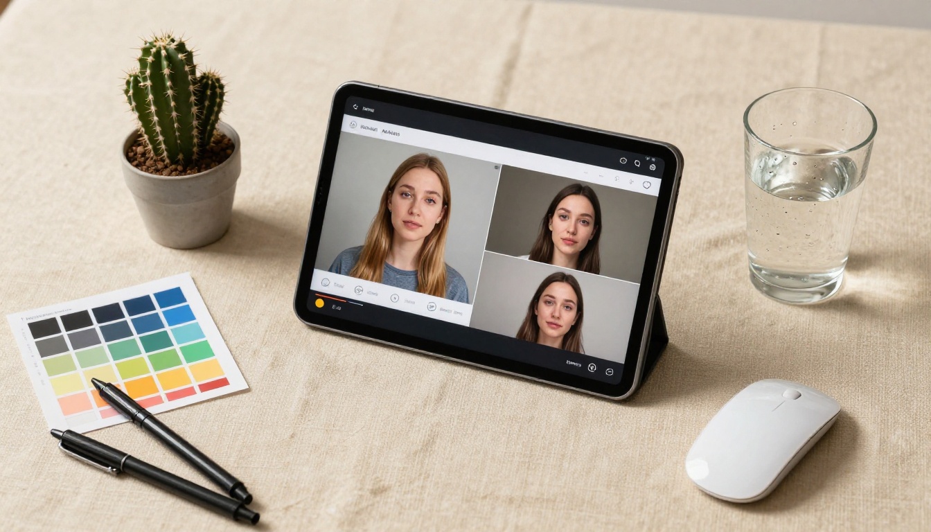 Content creator flat lay with tablet showing before-and-after of portrait animation Content creator flat lay with tablet showing before-and-after of portrait animation