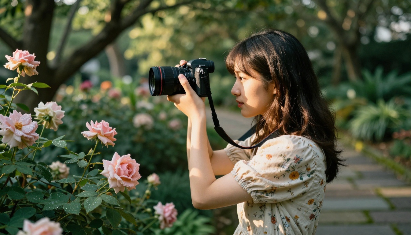 Young woman photographing garden PicassoIA Young woman photographing garden PicassoIA