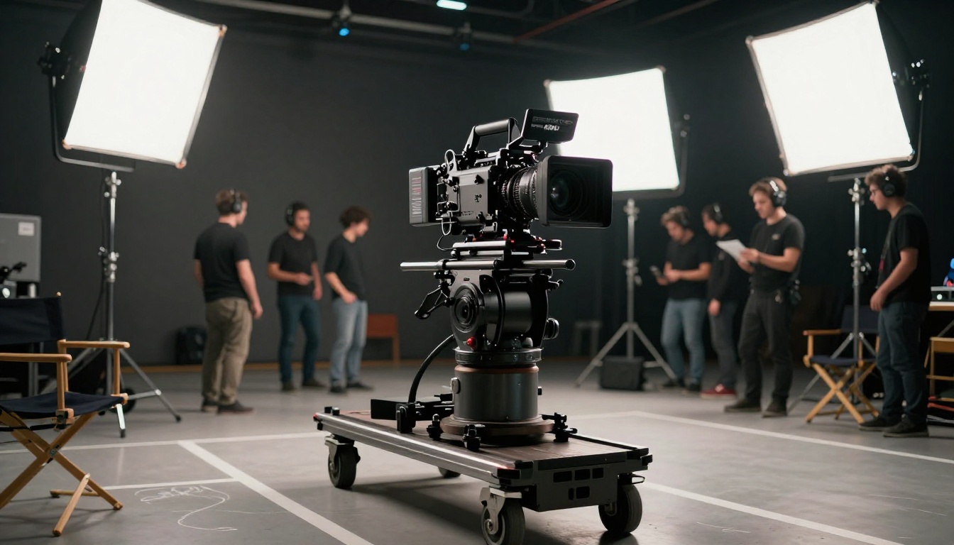 Inside an active film soundstage with a camera dolly on rails Inside an active film soundstage with a camera dolly on rails