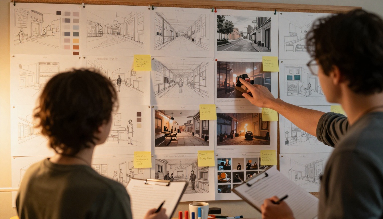 Film professionals reviewing storyboards on a cork wall Film professionals reviewing storyboards on a cork wall