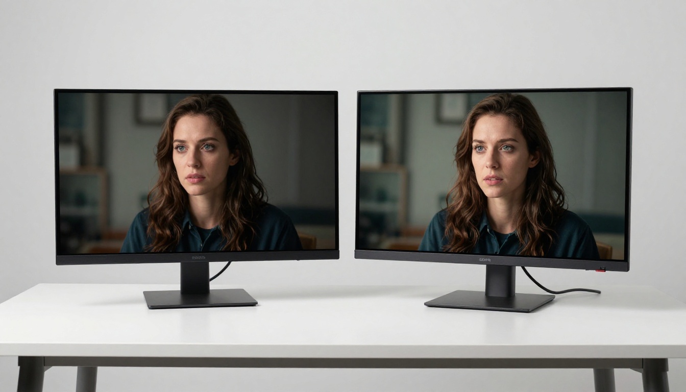 Dual monitor comparison of AI video model outputs in clean studio setup Dual monitor comparison of AI video model outputs in clean studio setup