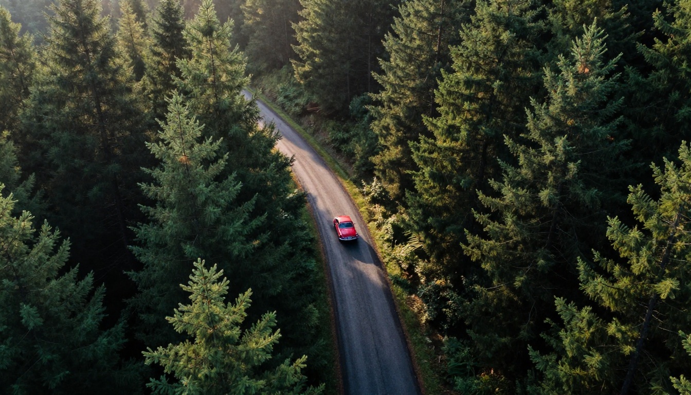 Aerial view of mountain road at dawn with single car through pine forest - cinematic AI video scene Aerial view of mountain road at dawn with single car through pine forest - cinematic AI video scene