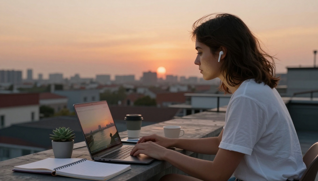 Young woman on rooftop at sunset watching AI-generated video playback on laptop Young woman on rooftop at sunset watching AI-generated video playback on laptop