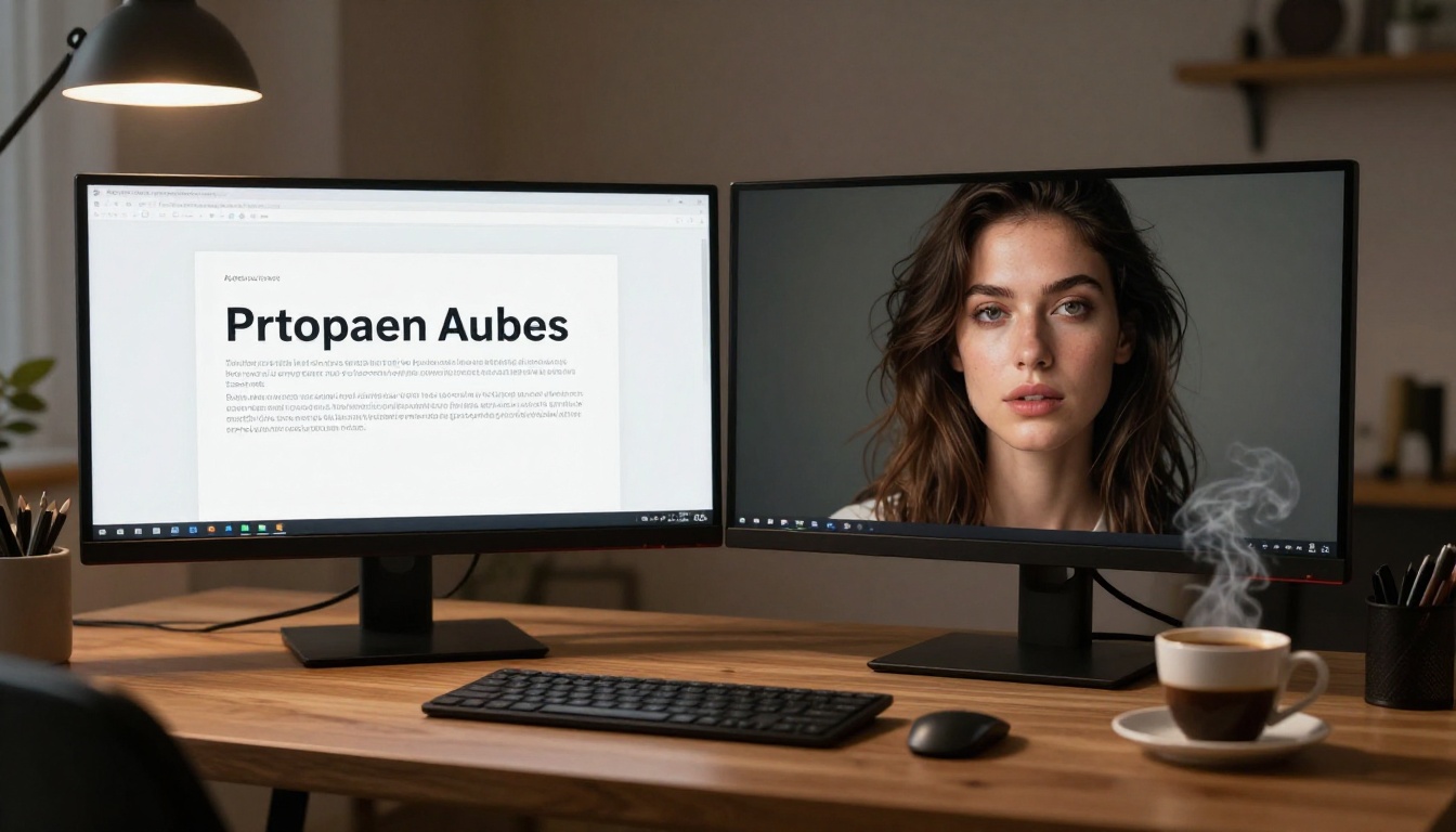 Dual monitor creative workspace with AI prompt interface on left and photorealistic portrait on right screen