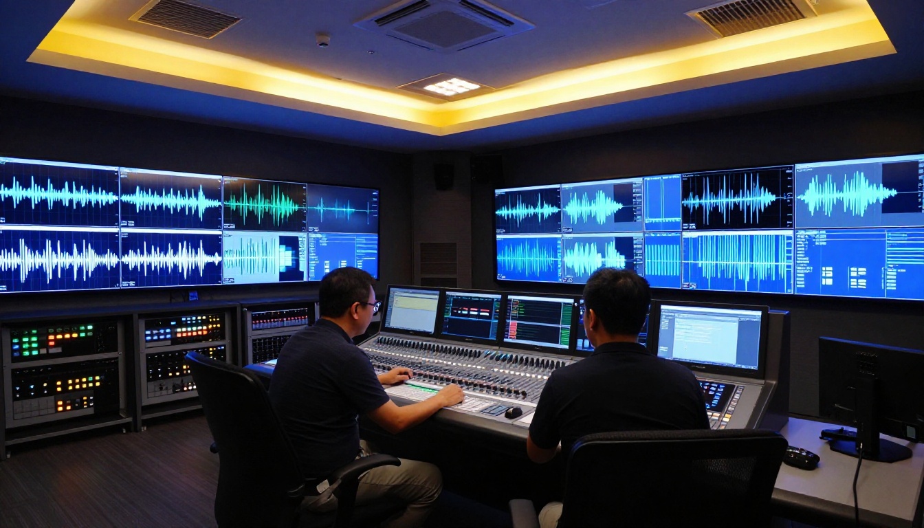 Modern broadcast studio control room with multiple screens showing synchronized audio and video feeds Modern broadcast studio control room with multiple screens showing synchronized audio and video feeds