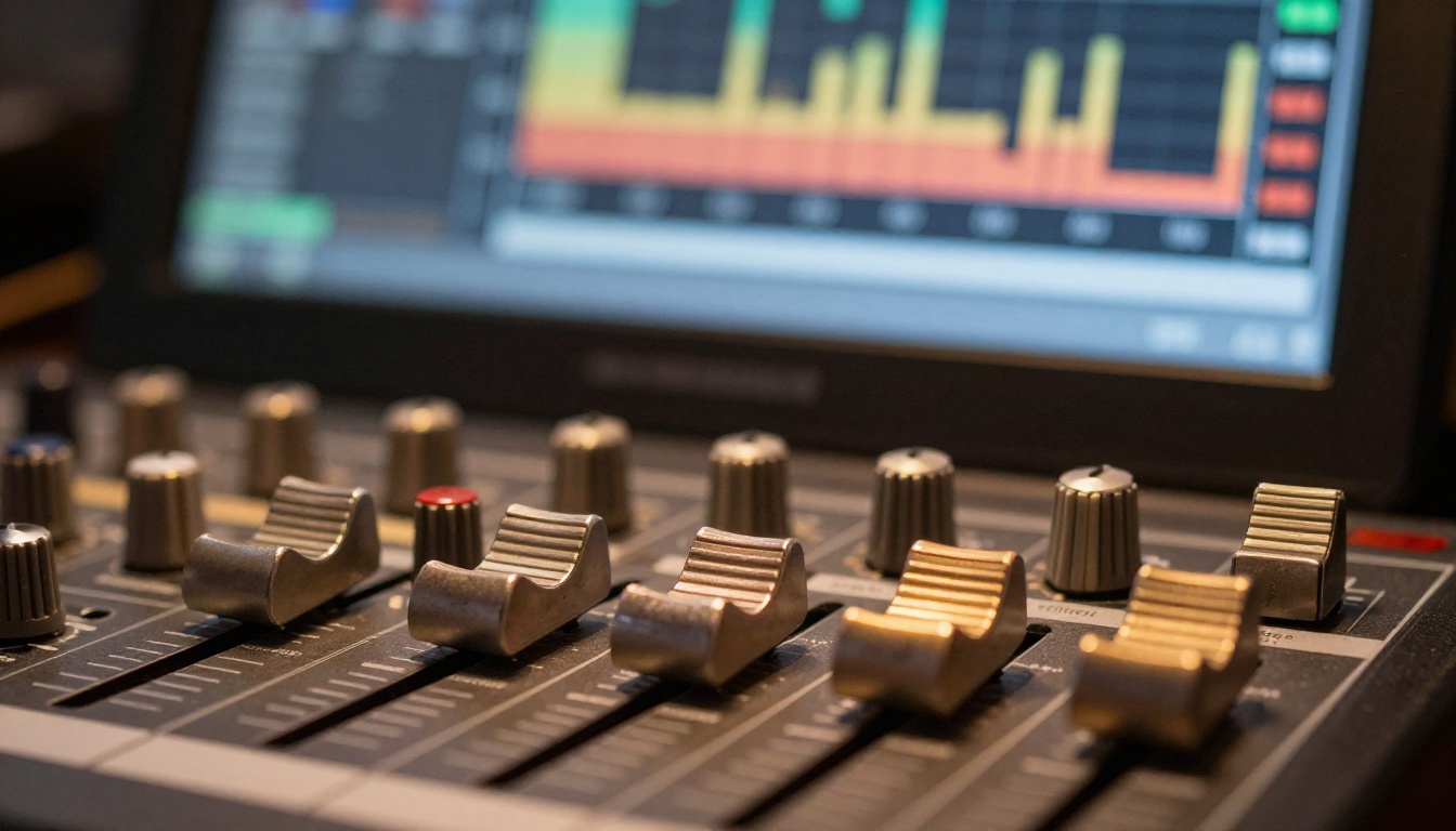 Extreme close-up of professional mixing board faders and knobs with a film scene on monitor behind Extreme close-up of professional mixing board faders and knobs with a film scene on monitor behind