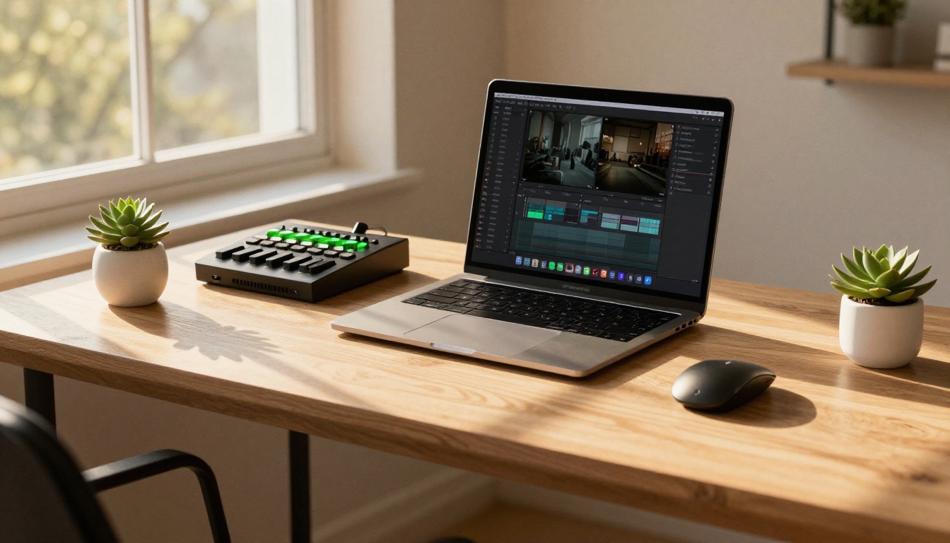 Minimal creative office desk at golden hour with audio interface, MIDI controller, and video timeline open Minimal creative office desk at golden hour with audio interface, MIDI controller, and video timeline open