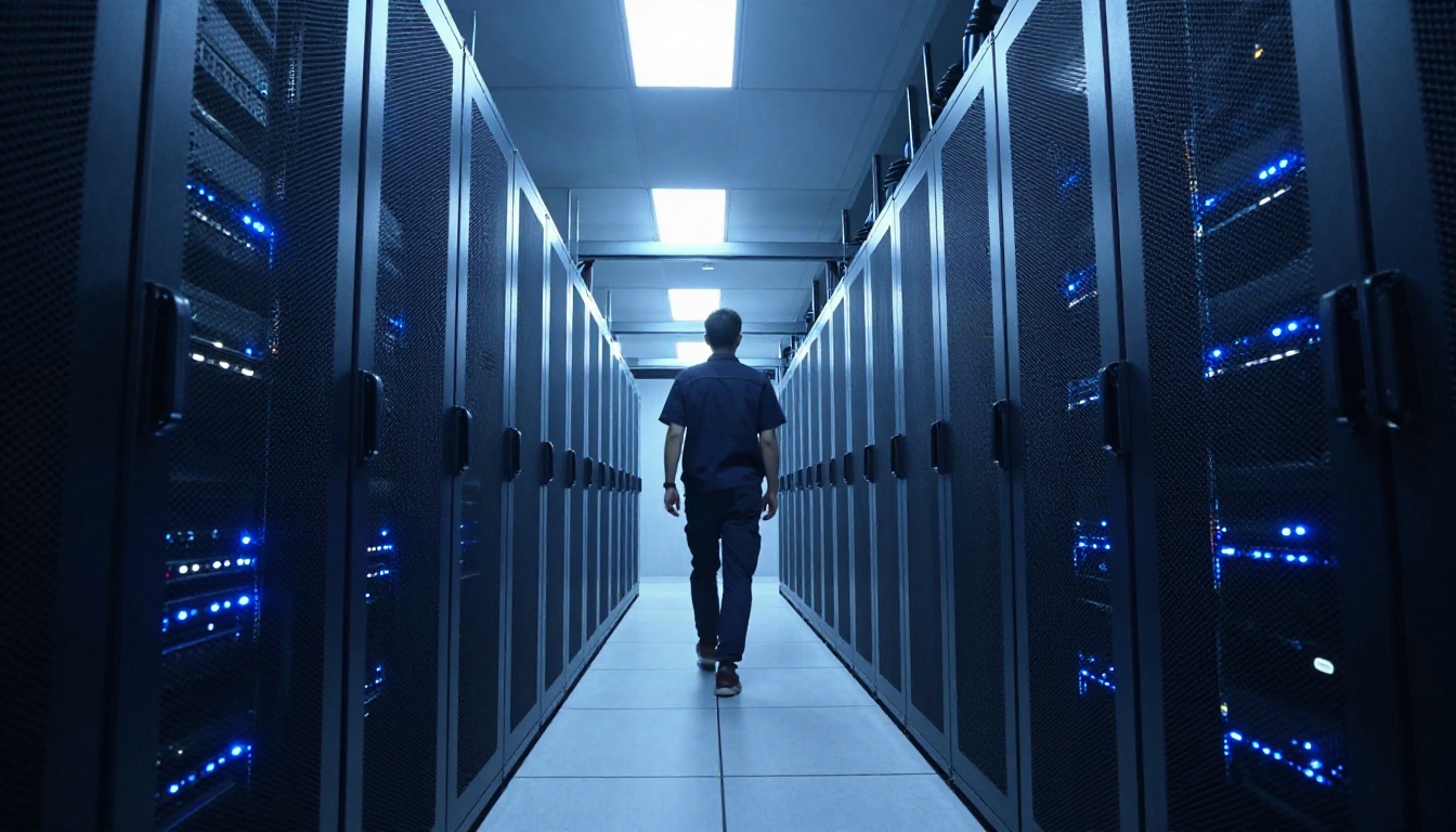 Dark server room corridor with illuminated racks representing the AI infrastructure behind audio-video generation Dark server room corridor with illuminated racks representing the AI infrastructure behind audio-video generation