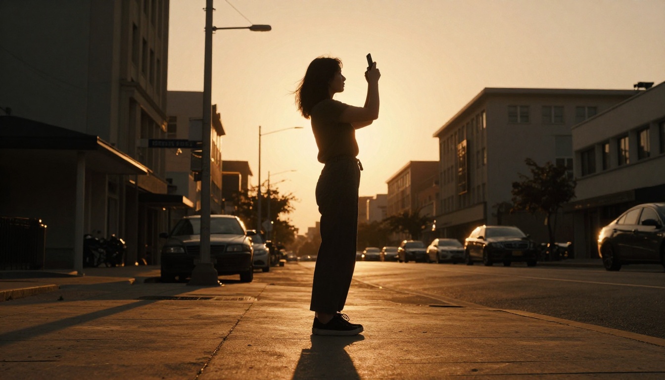 Creator silhouetted at golden hour holding phone for vertical recording Creator silhouetted at golden hour holding phone for vertical recording