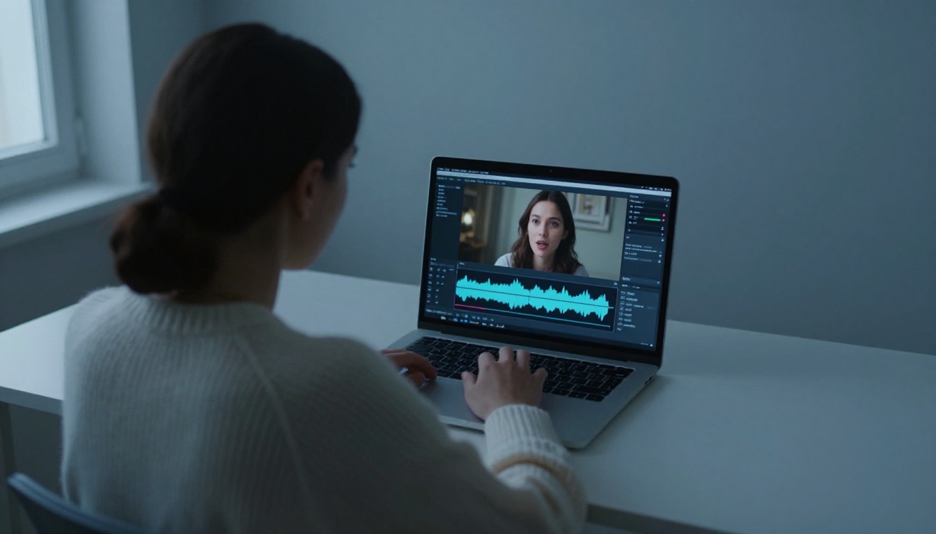 Creator reviewing AI lipsync video on laptop from over-shoulder angle Creator reviewing AI lipsync video on laptop from over-shoulder angle