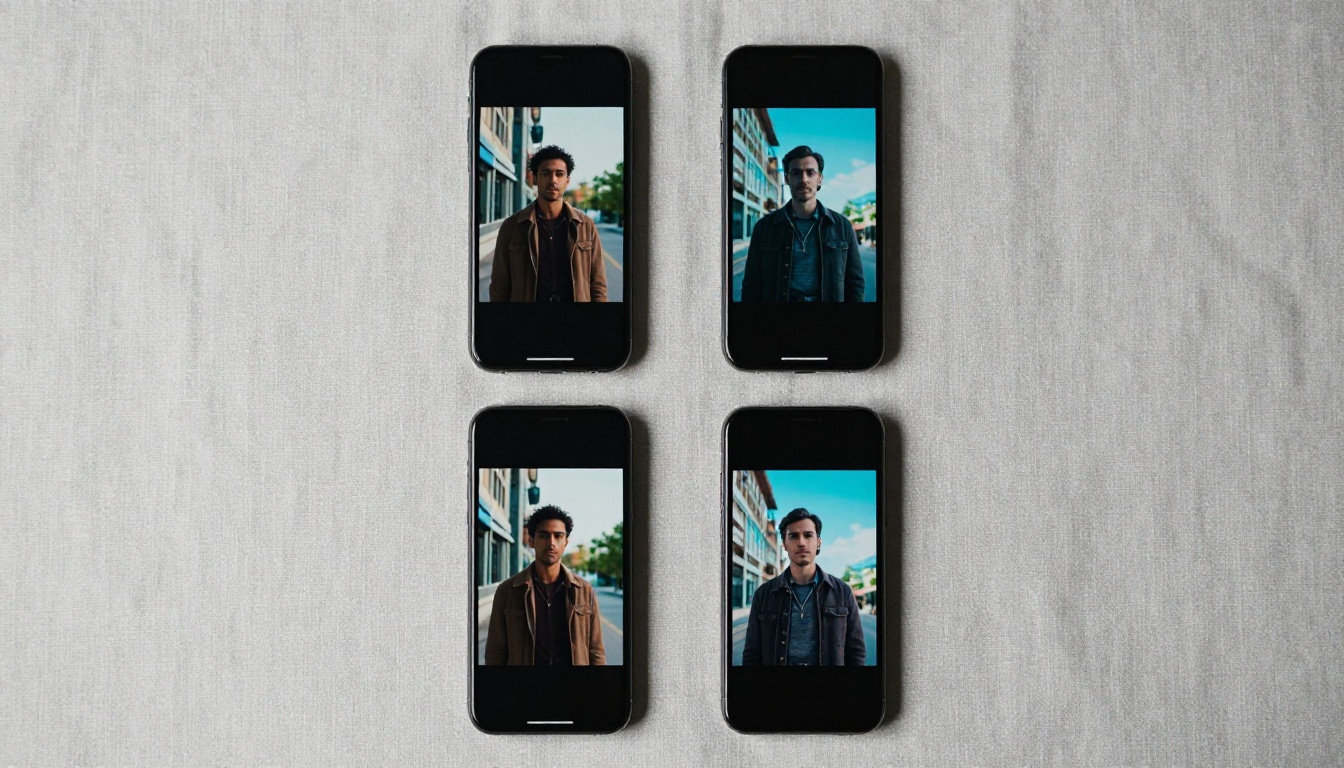 Grid of four smartphones displaying different AI-generated vertical video content Grid of four smartphones displaying different AI-generated vertical video content