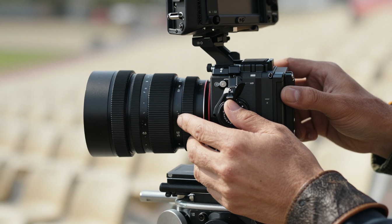 Cinematographer's hands adjusting cinema camera lens on dolly track, rim lighting on knuckles, Kodak Portra 400