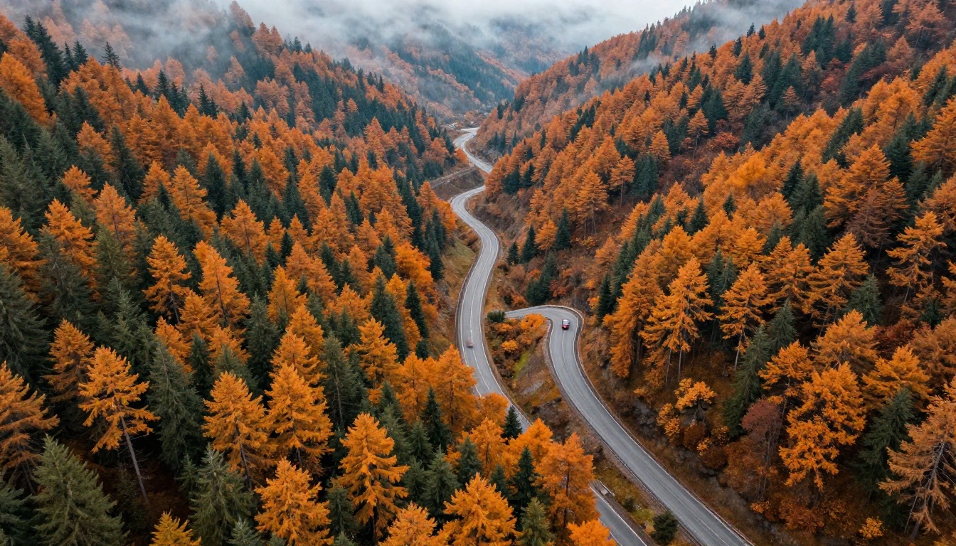 Aerial drone perspective of winding mountain road through autumn forest, single red car on hairpin turn, morning mist in valleys