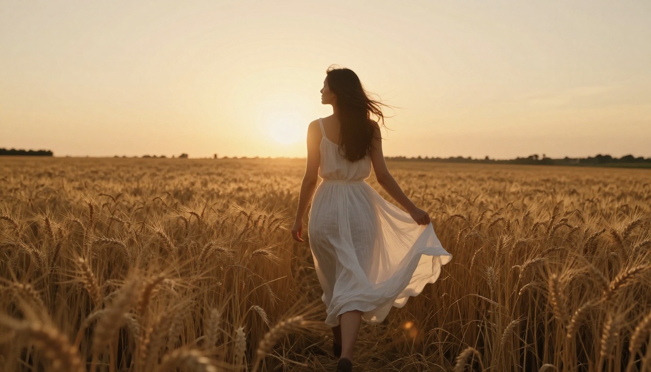 Low-angle shot of woman in flowing white dress in golden wheat field at magic hour, warm backlight creating silhouette halo