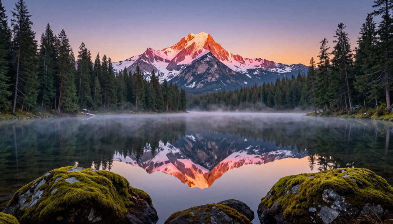 Wide cinematic shot of glassy mountain lake at sunrise, mist rising off the surface, snow-capped peak catching alpenglow