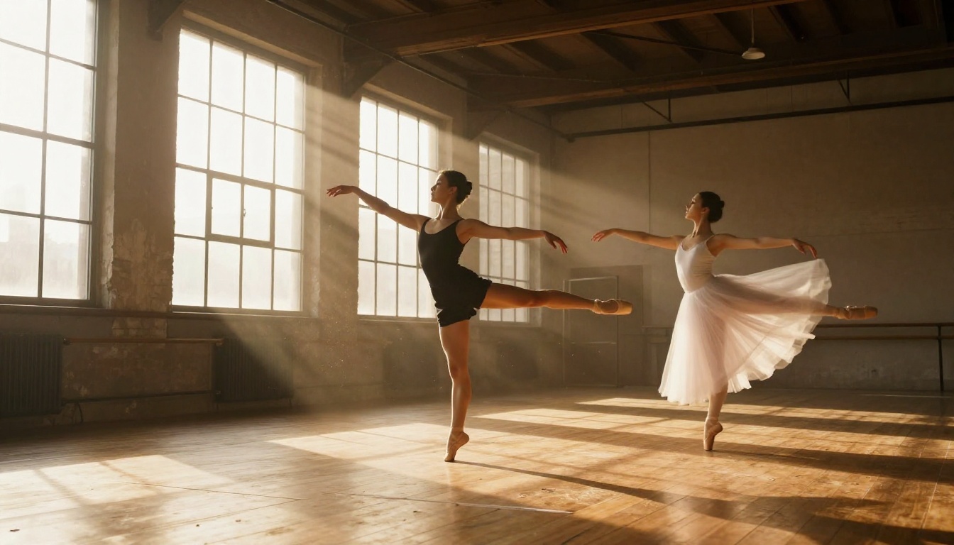 Two ballet dancers in sunlit warehouse studio, one sharp in arabesque, second blurred by spin, dust particles in light shafts Two ballet dancers in sunlit warehouse studio, one sharp in arabesque, second blurred by spin, dust particles in light shafts