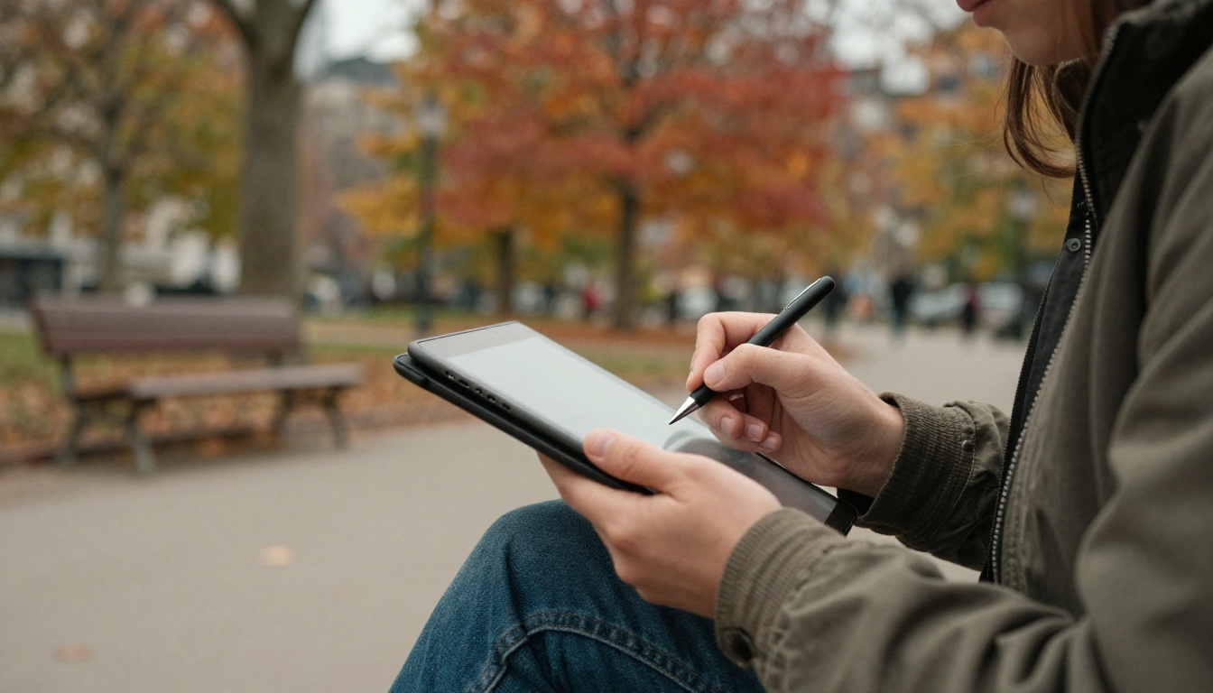 Person in park writing on tablet Person in park writing on tablet