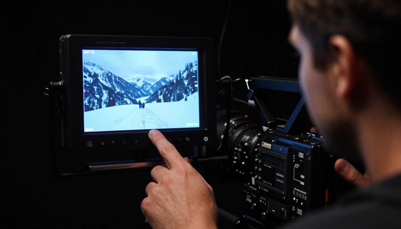 Cinematographer reviewing snowy mountain footage on monitor beside cinema camera, screen glow illuminating face Cinematographer reviewing snowy mountain footage on monitor beside cinema camera, screen glow illuminating face