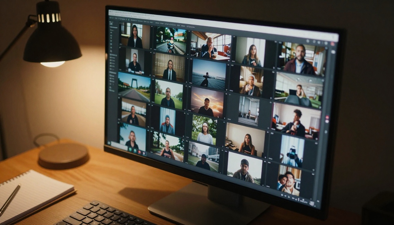 Monitor displaying AI video thumbnail grid Monitor displaying AI video thumbnail grid