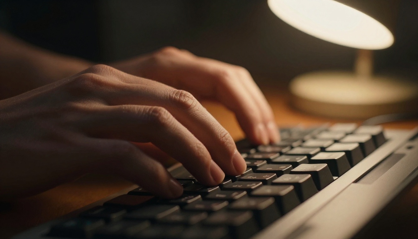 Hands typing on keyboard in dark room with amber lamp Hands typing on keyboard in dark room with amber lamp